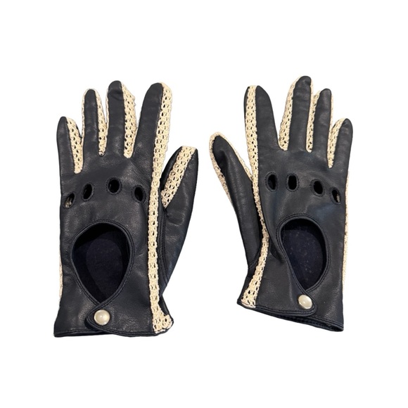 Fownes Vintage Driving Gloves Leather & Crochet Navy - Picture 3 of 8